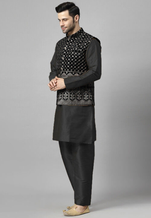 Embroidered Art Silk Kurta Set in Black