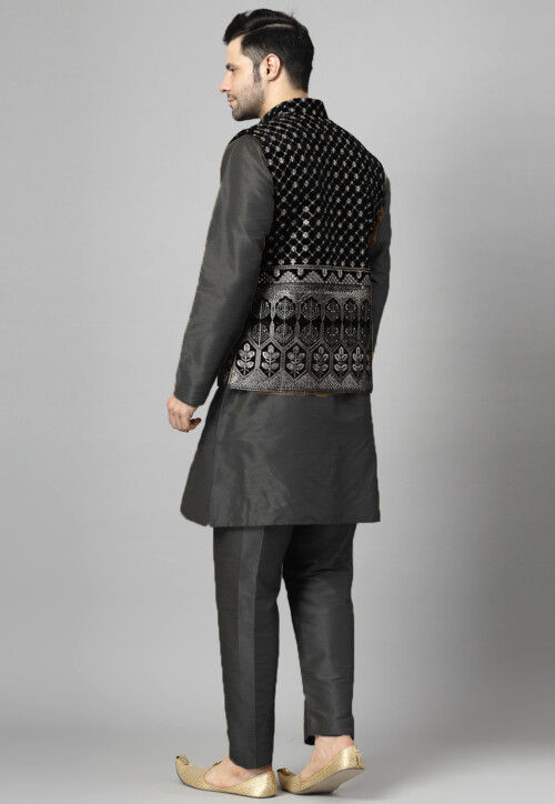 Embroidered Art Silk Kurta Set in Black