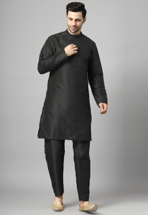 Embroidered Art Silk Kurta Set in Black