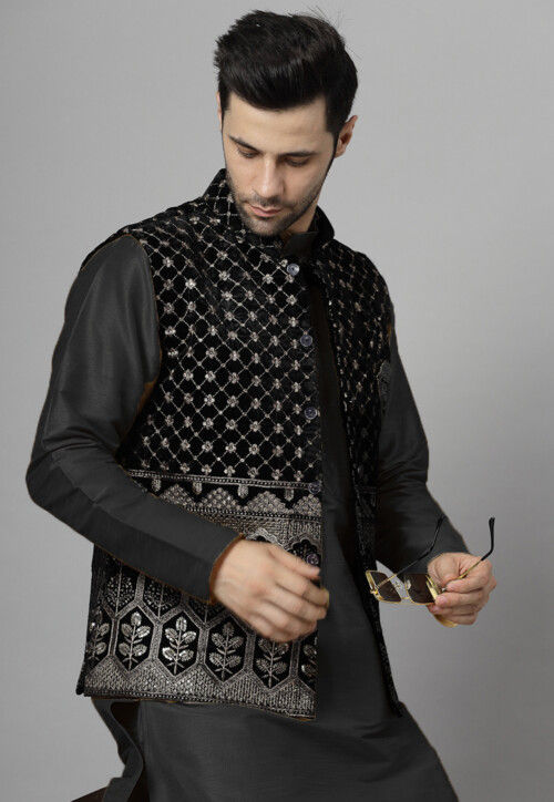 Embroidered Art Silk Kurta Set in Black