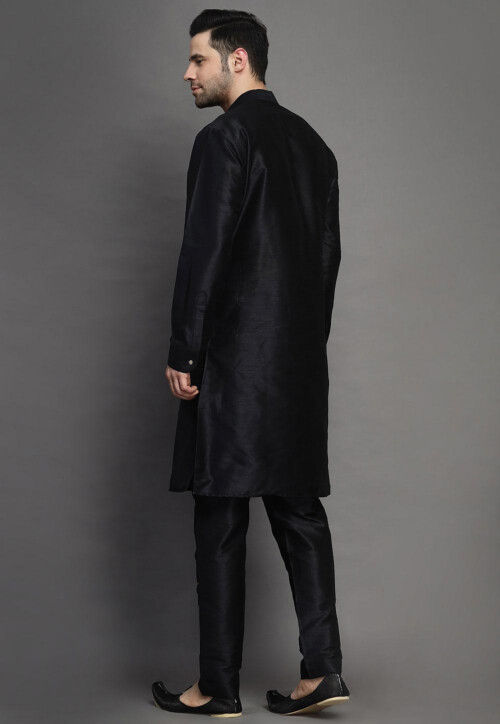 Embroidered Art Silk Kurta Set in Black