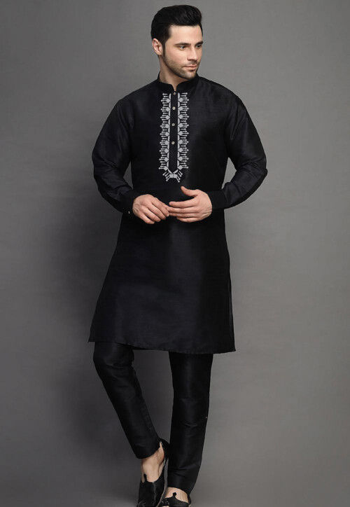 Embroidered Art Silk Kurta Set in Black