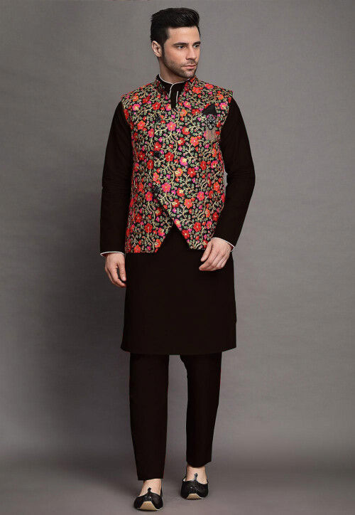 Embroidered Art Silk Kurta Set in Black