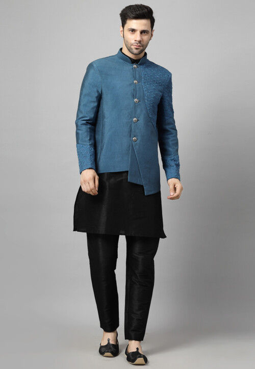 Embroidered Art Silk Jodhpuri Suit in Black