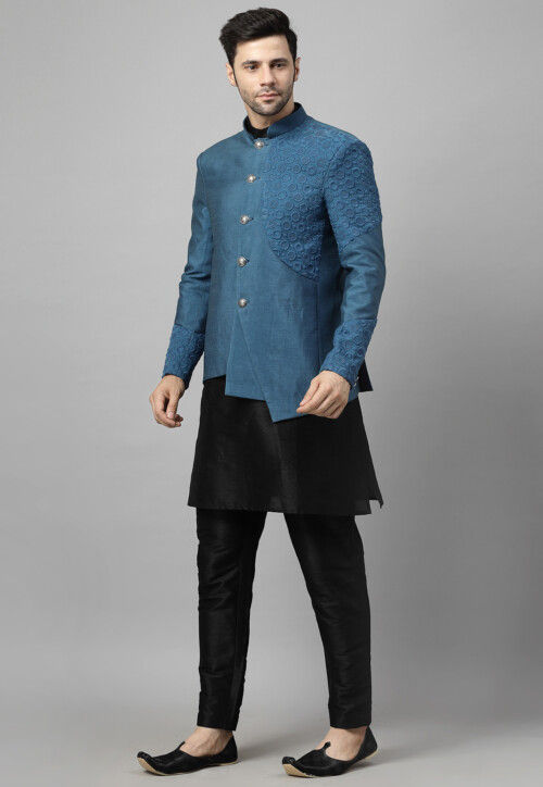 Embroidered Art Silk Jodhpuri Suit in Black