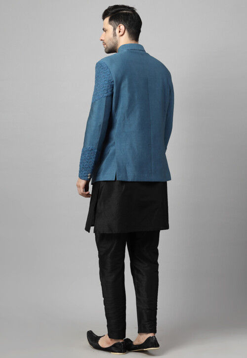 Embroidered Art Silk Jodhpuri Suit in Black