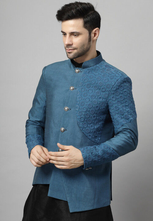 Embroidered Art Silk Jodhpuri Suit in Black