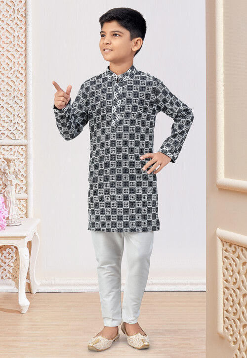 Embroidered Art Silk Kurta Set in Black