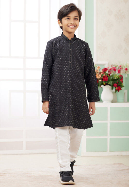 Embroidered Art Silk Kurta Set in Black