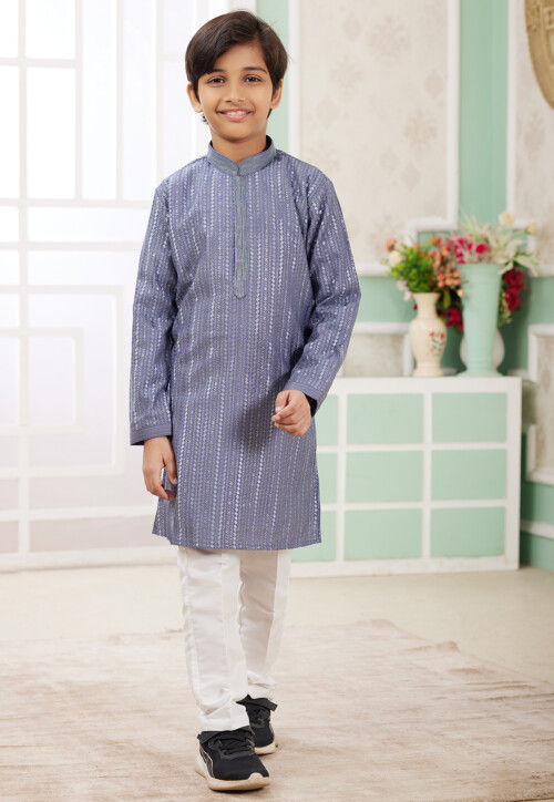 Embroidered Art Silk Kurta Set in Blue