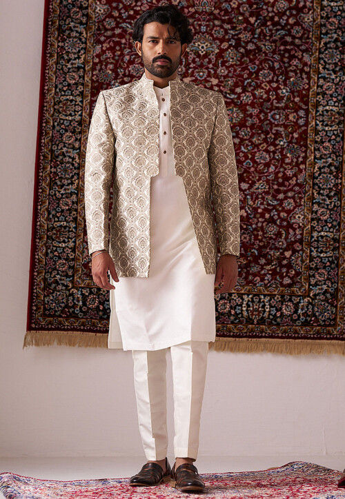 Embroidered Art Silk Kurta Set in Cream