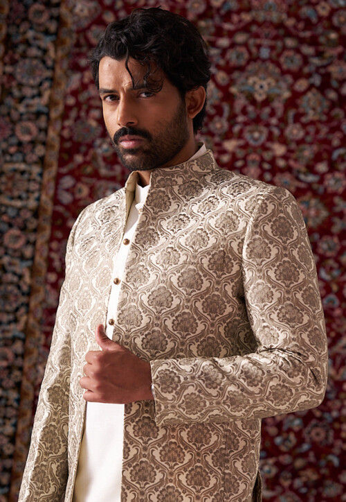 Embroidered Art Silk Kurta Set in Cream
