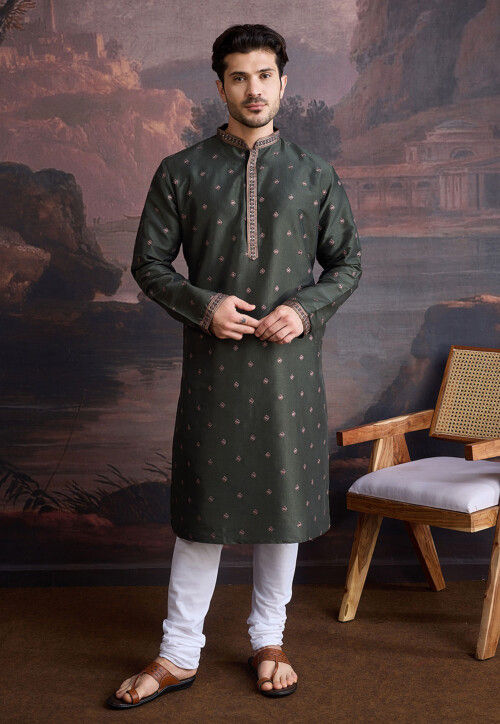 Embroidered Art Silk Kurta Set in Dark Olive Green