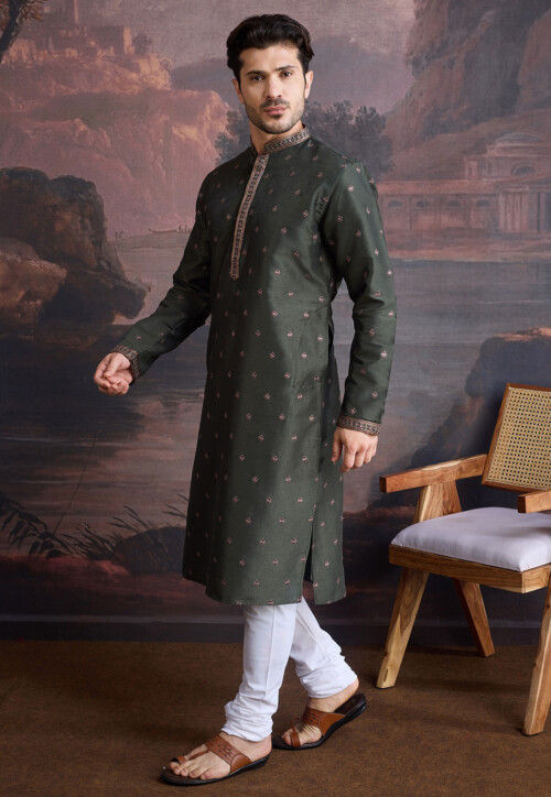 Embroidered Art Silk Kurta Set in Dark Olive Green