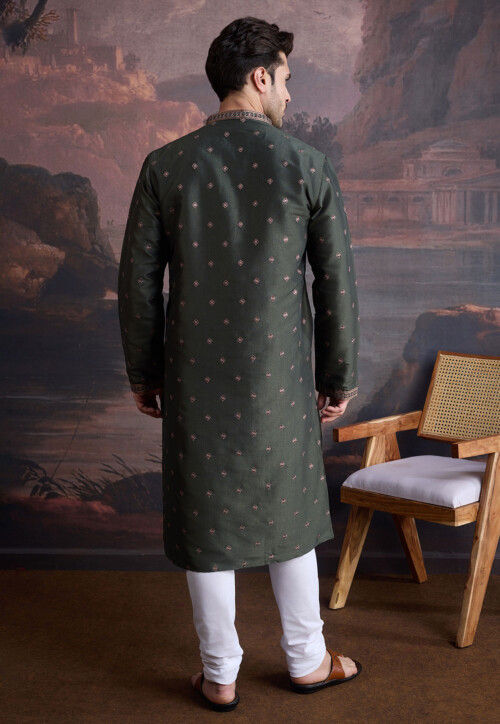 Embroidered Art Silk Kurta Set in Dark Olive Green