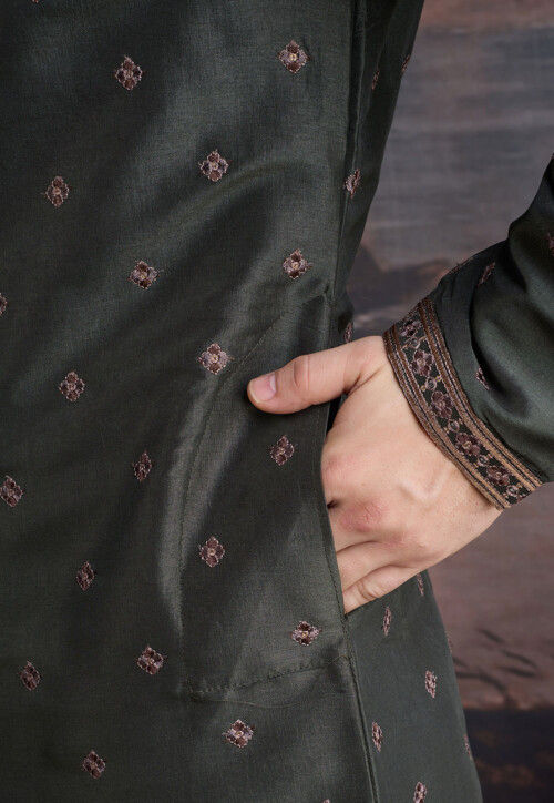 Embroidered Art Silk Kurta Set in Dark Olive Green