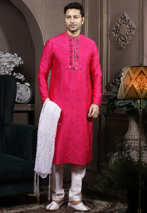 Buy Embroidered Art Silk Kurta Pyjama in Dark Pink Online