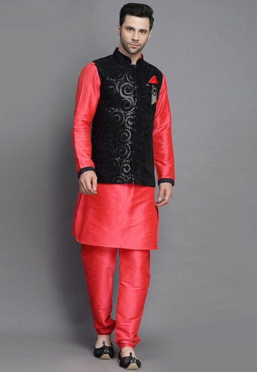 Buy VASTRAMAY Red & White Cotton Regular Fit Kurta Churidar With Jacket for  Mens Online @ Tata CLiQ