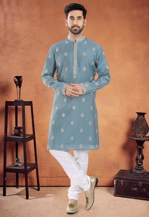 Embroidered Art Silk Kurta Set in Dusty Blue