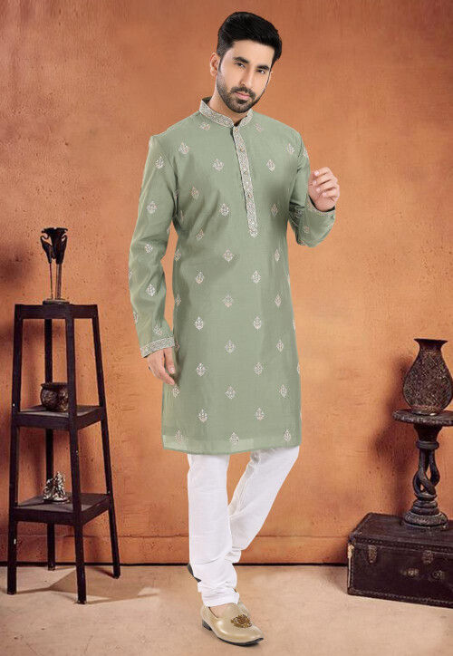 Embroidered Art Silk Kurta Set in Dusty Green