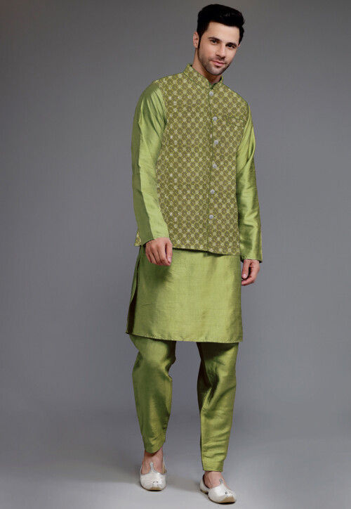 Embroidered Art Silk Kurta Set in Green