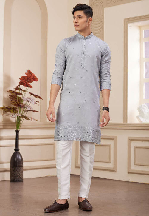 Embroidered Art Silk Kurta Set in Grey