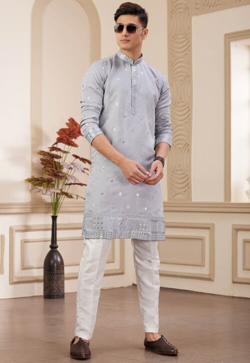 Embroidered Art Silk Kurta Set in Grey