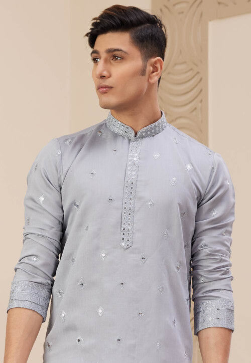 Embroidered Art Silk Kurta Set in Grey