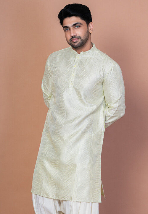 Embroidered Art Silk Kurta in Light Green