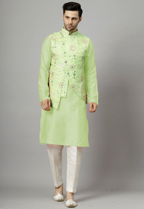 Embroidered Art Silk Kurta Set in Light Green