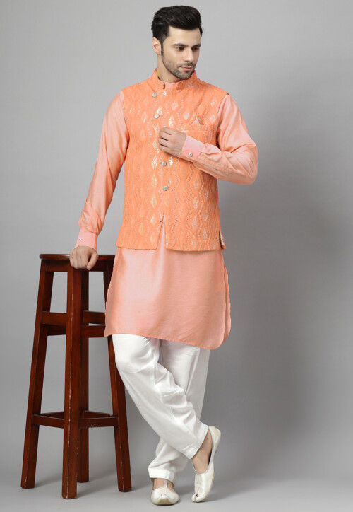 Embroidered Art Silk Kurta Set in Light Peach