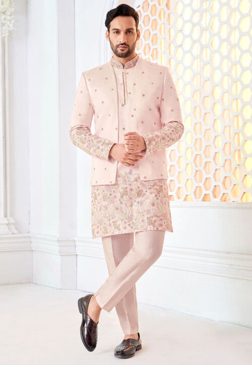 Embroidered Art Silk Kurta Set in Light Pink