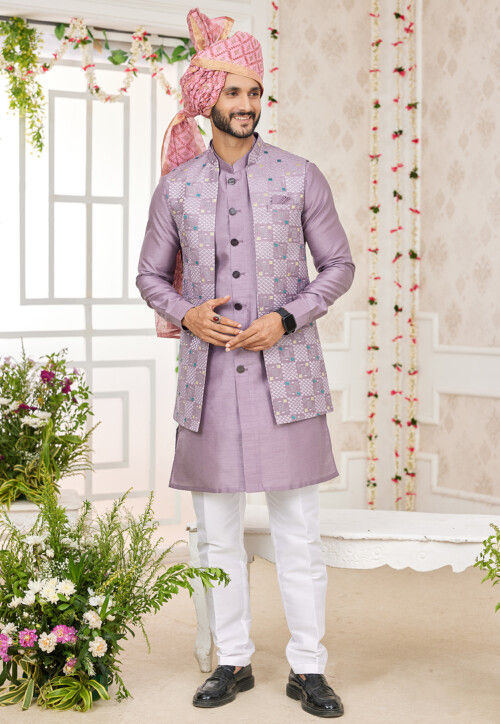 Embroidered Art Silk Kurta Set in Light Purple