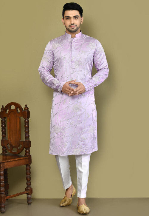 Embroidered Art Silk Kurta Set in Light Purple