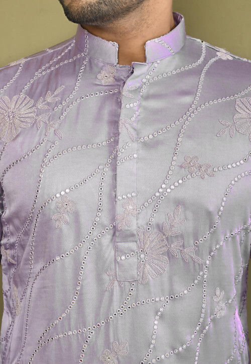 Embroidered Art Silk Kurta Set in Light Purple