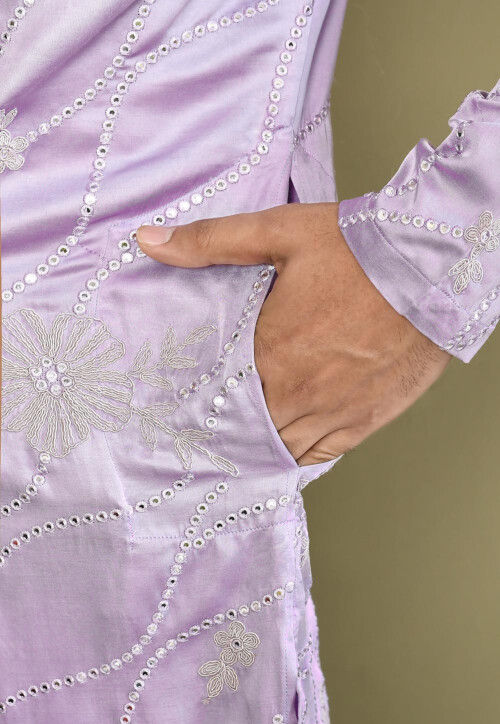 Embroidered Art Silk Kurta Set in Light Purple