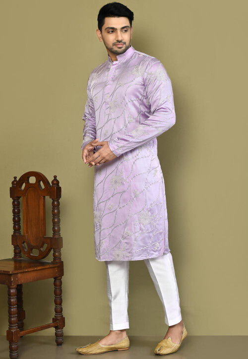 Embroidered Art Silk Kurta Set in Light Purple