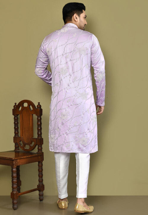 Embroidered Art Silk Kurta Set in Light Purple