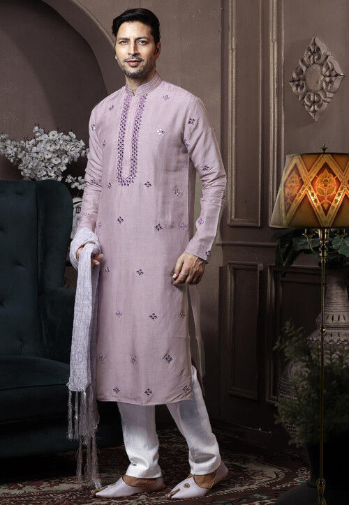 Embroidered Art Silk Kurta Set in Light Purple