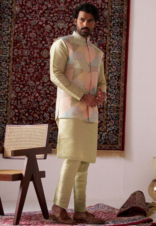 Embroidered Art Silk Kurta Set in Light Yellow