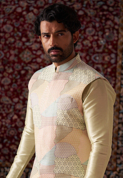 Embroidered Art Silk Kurta Set in Light Yellow