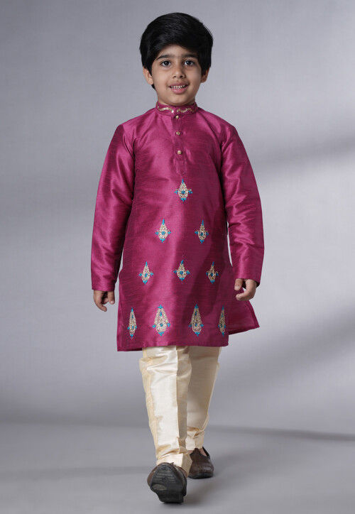 Embroidered Art Silk Kurta Set in Magenta