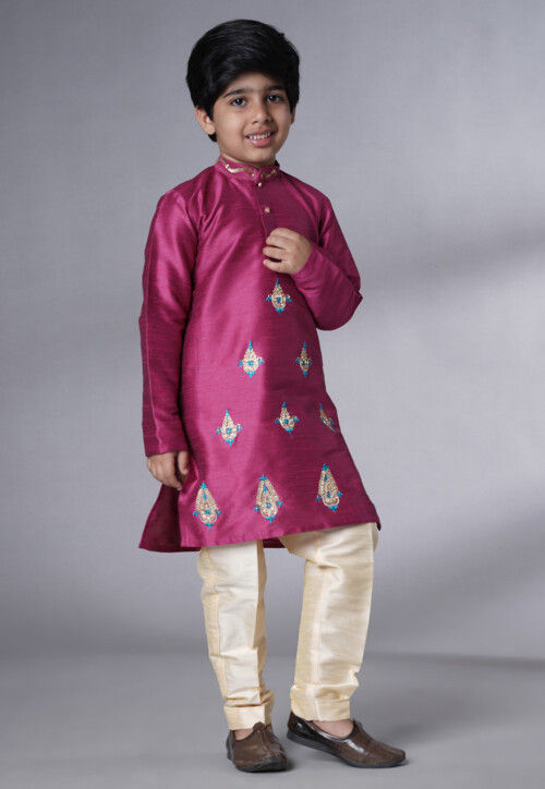 Embroidered Art Silk Kurta Set in Magenta