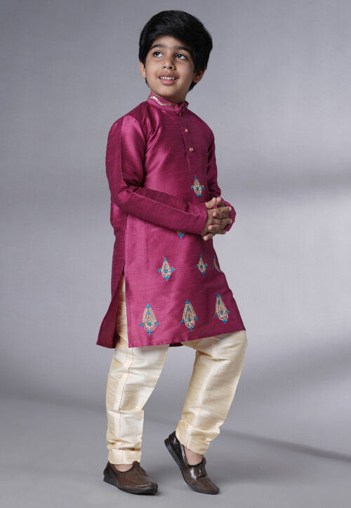 Embroidered Art Silk Kurta Set in Magenta