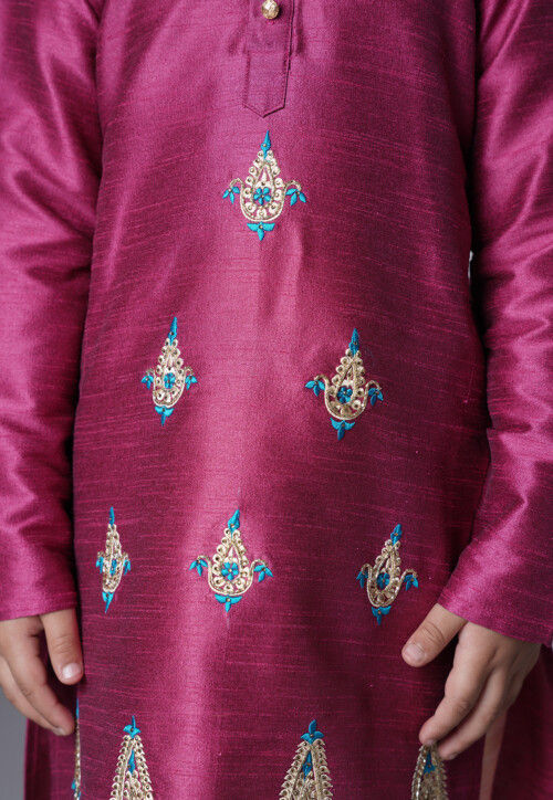 Embroidered Art Silk Kurta Set in Magenta