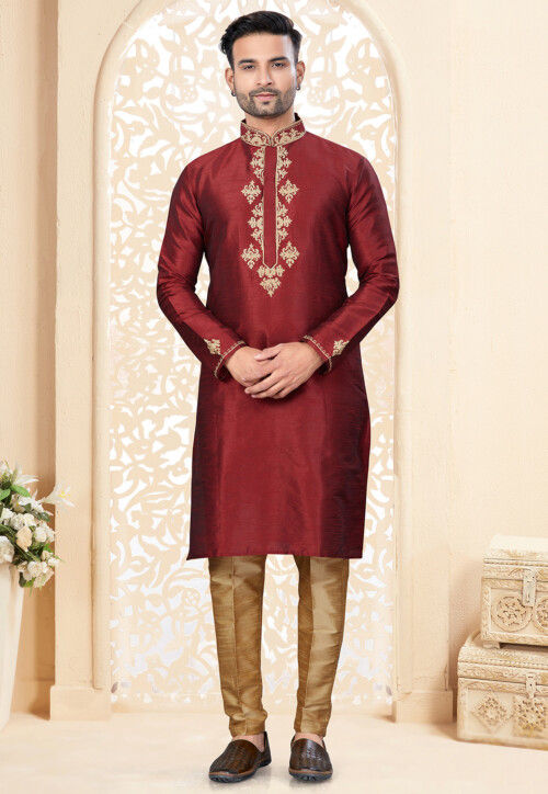Embroidered Art Silk Kurta Set in Maroon