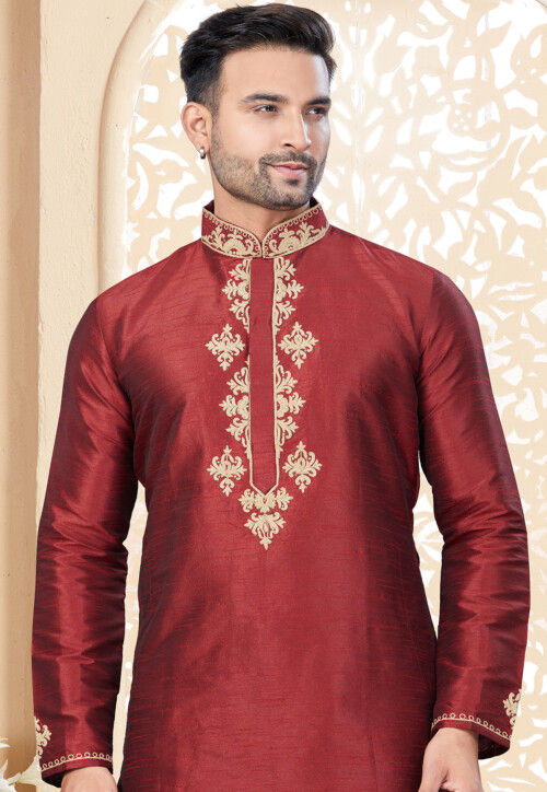 Embroidered Art Silk Kurta Set in Maroon