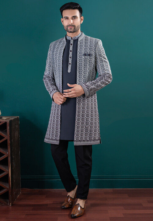 Embroidered Art Silk Kurta Set in Navy Blue