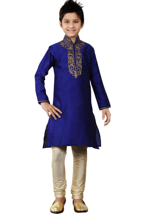 Embroidered Art Silk Kurta Set in Navy Blue