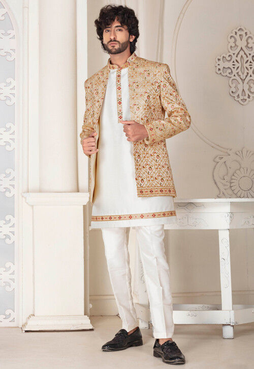 Embroidered Art Silk Kurta Set in Off White and Beige